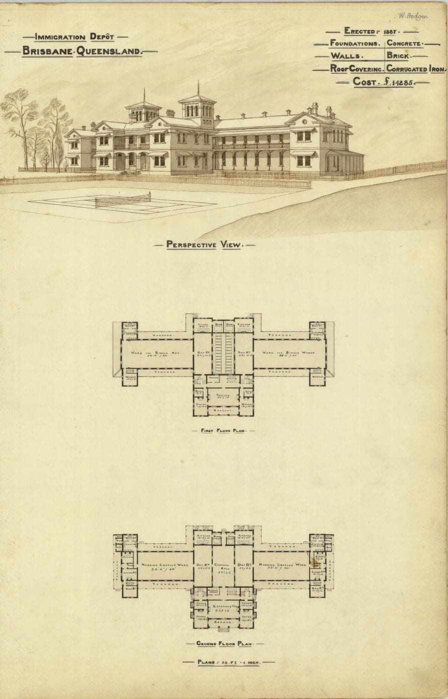 Historic architectural sheet showing a perspective, floor plans and a written construction cost for a Brisbane building
