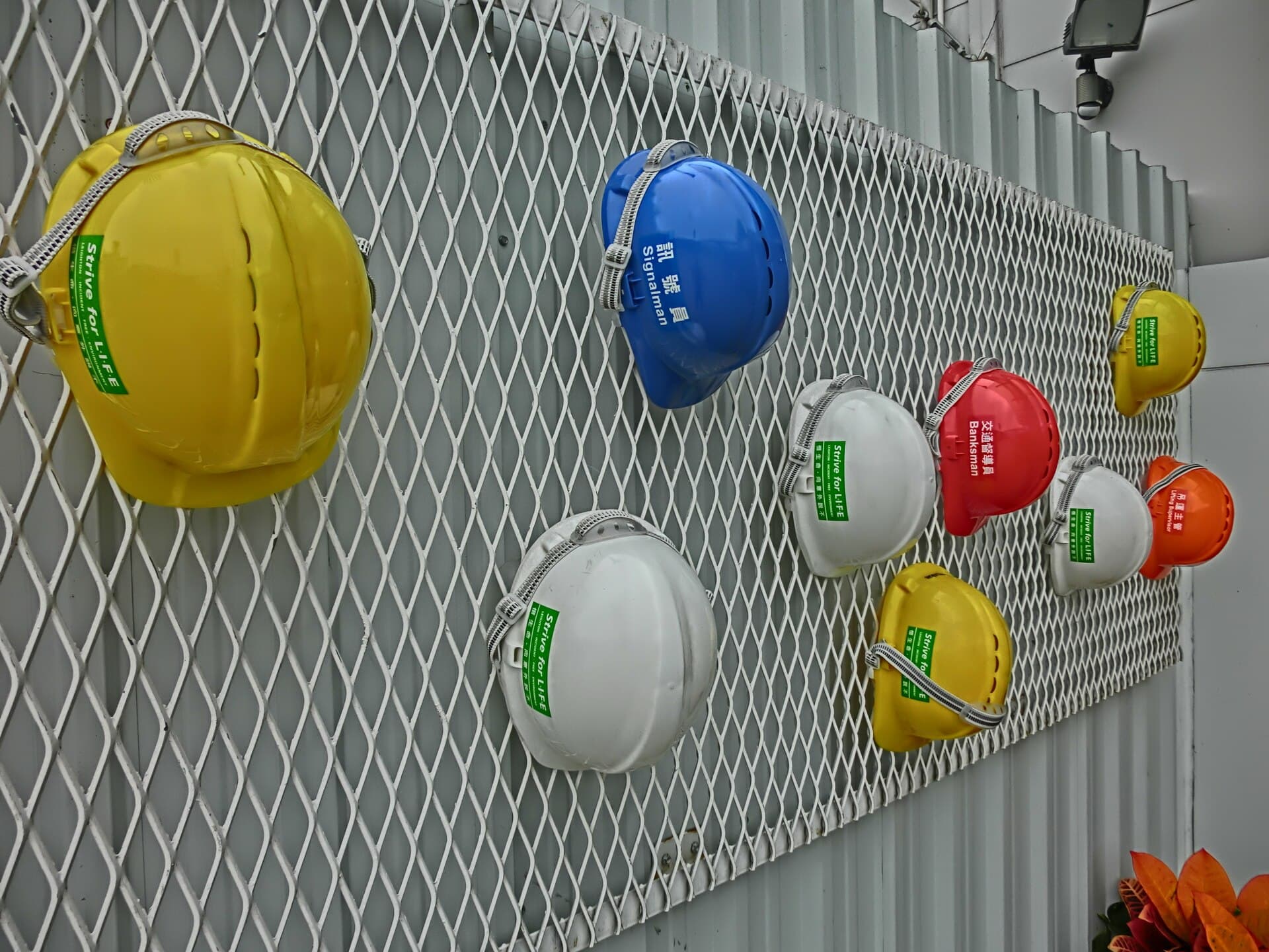 Construction helmets lined up in a site office